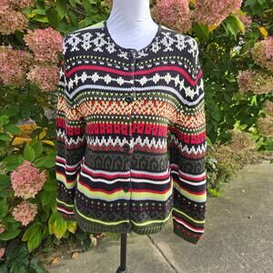 Field Gear Olive Green Multicolor Fair Isle Button Front Cardigan size Medium